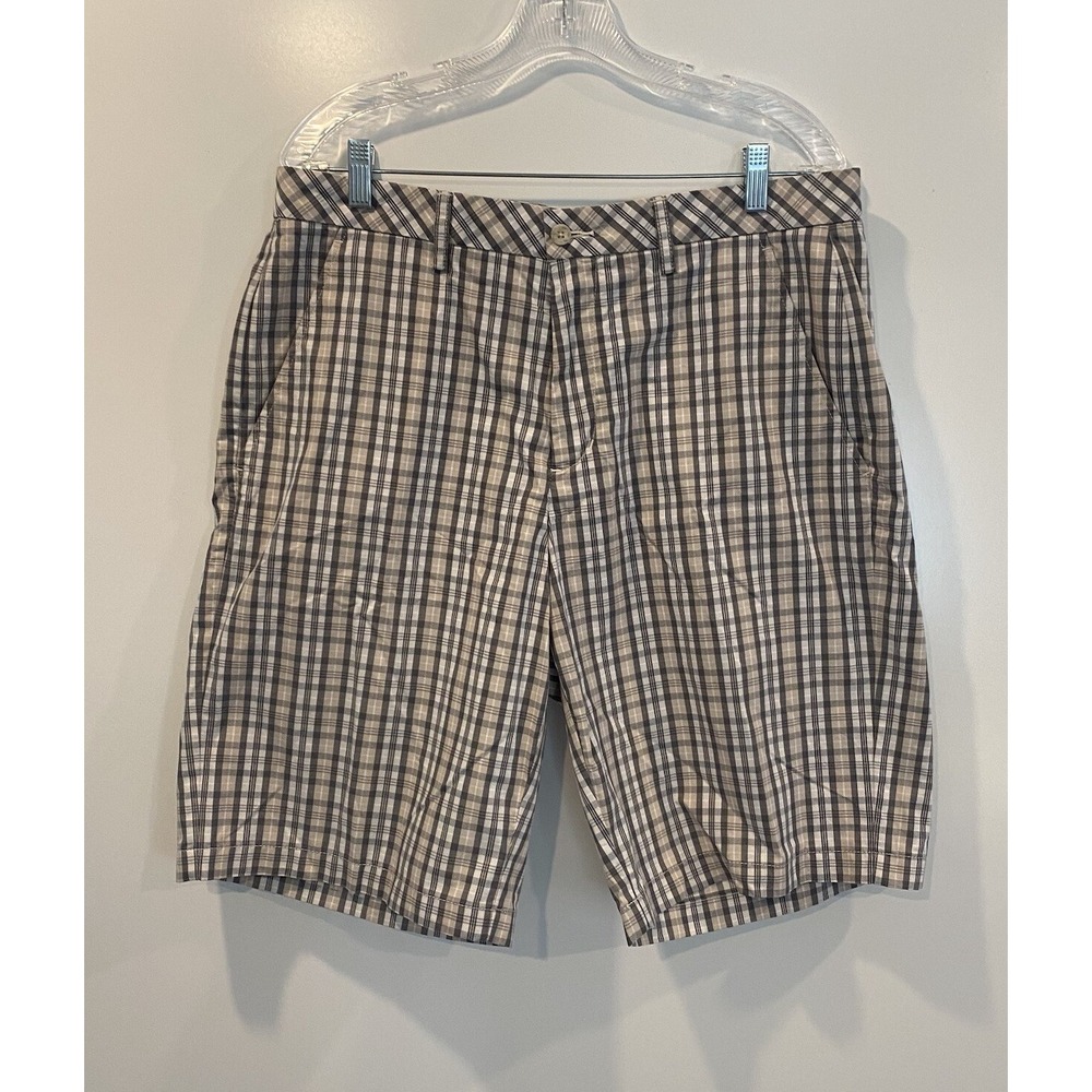 Ashworth Mens 34W Plaid Golf Shorts Tan Grey White Flat Front Performance Casual